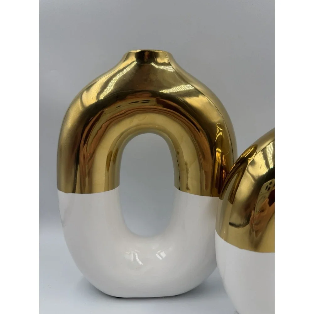 NIB White & Gold Ceramic Vase Set of 2 Round Donut Hollow Flower Vases for Home